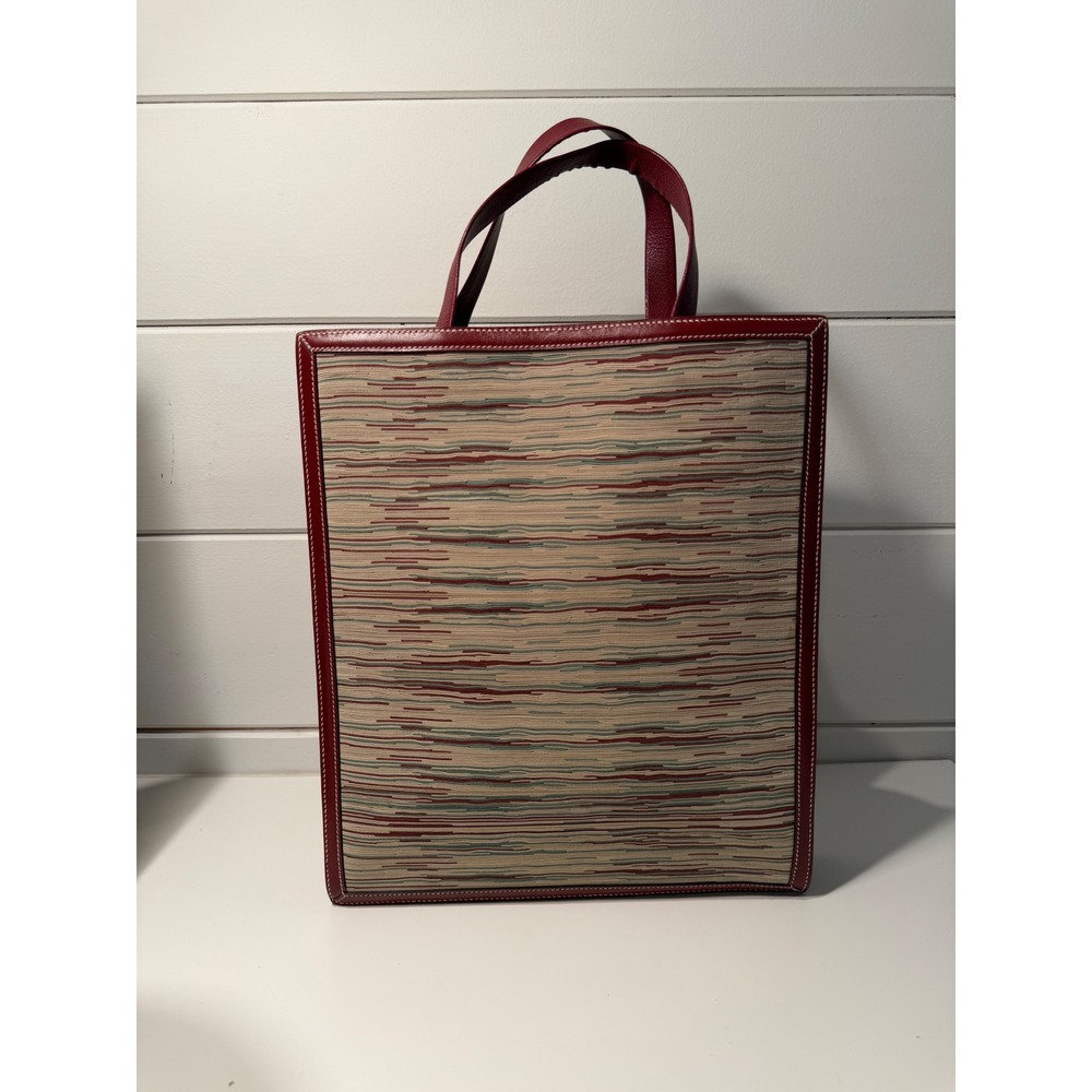 Hermes Vintage Tote Bag Burgundy Red Leather Woven Textile Striped Made in Franc